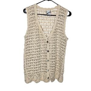 Anna Gray Beige Vintage Silk Crochet Button Front Vest Women's Large
